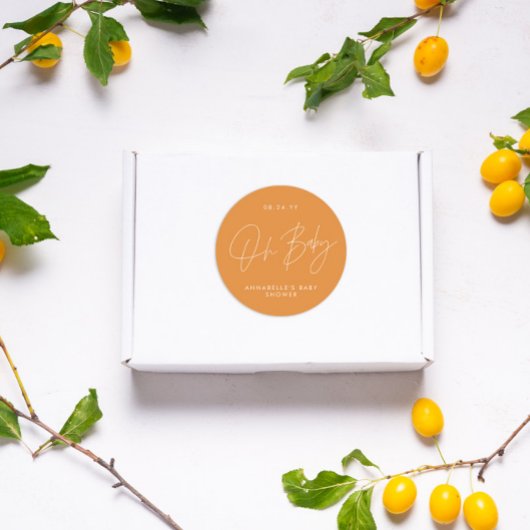 Oh Baby shower script modern oranje elegant Ronde Sticker