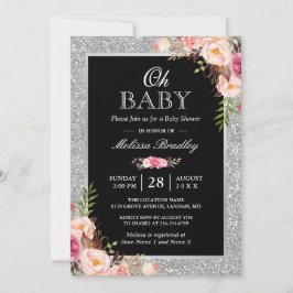 Oh Baby shower Silver Glitter Sparkles Pink Floral Kaart