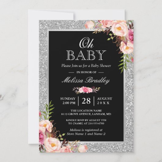 Oh Baby shower Silver Glitter Sparkles Pink Floral Kaart (Voorkant)