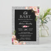 Oh Baby shower Silver Glitter Sparkles Pink Floral Kaart (Staand voorkant)