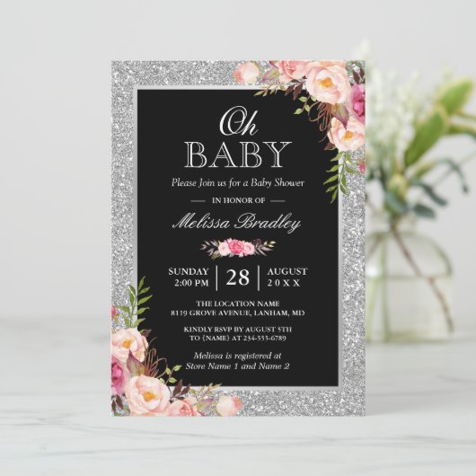 Oh Baby shower Silver Glitter Sparkles Pink Floral Kaart (Staand voorkant)