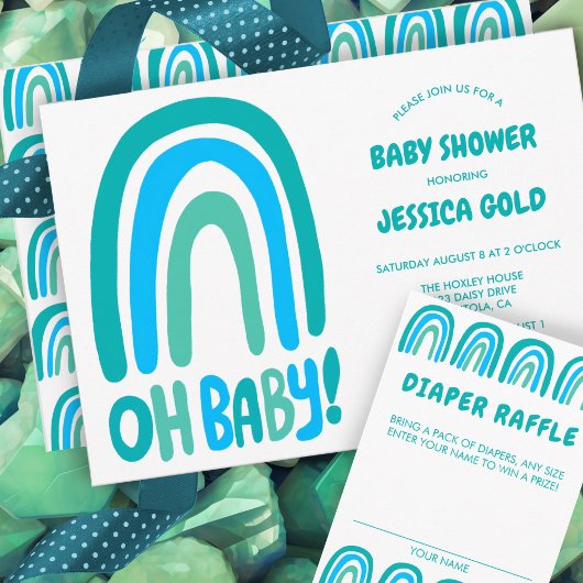 OH BABY SHOWER Sweet Blue Rainbow CUSTOM Informatiekaartje