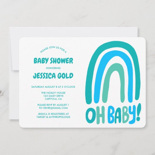OH BABY SHOWER Sweet Blue Rainbow CUSTOM QR CODE Kaart (Voorkant)