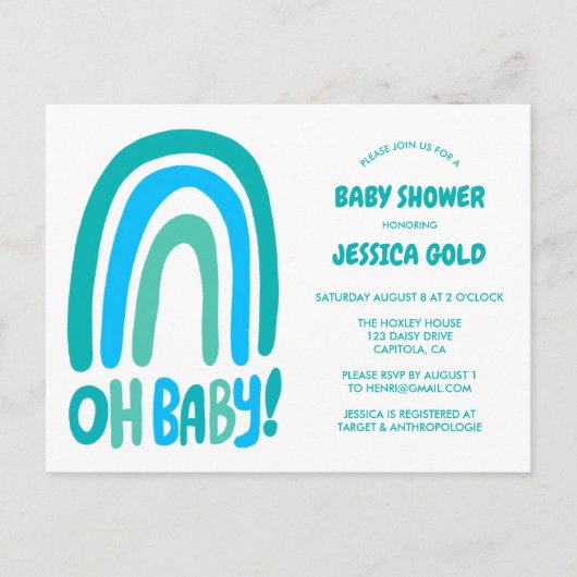 OH BABY SHOWER Sweet Blue Rainbow CUSTOM Uitnodiging Briefkaart (Voorkant)