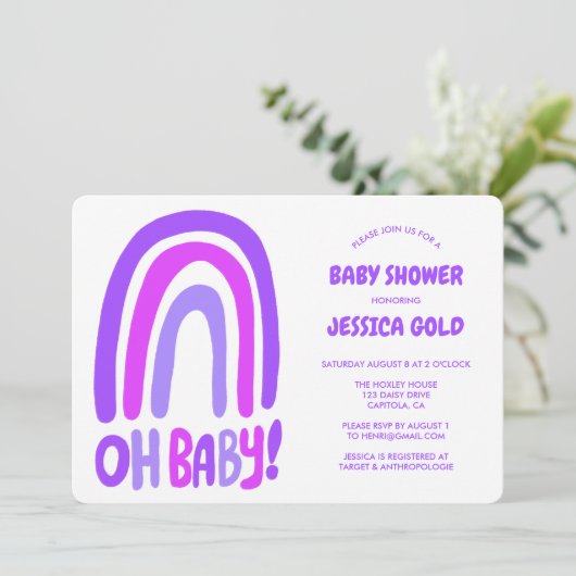 OH BABY SHOWER Sweet Paarse Regenboog CUSTOM Kaart (Staand voorkant)