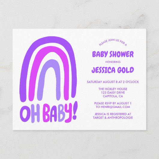 OH BABY SHOWER Sweet Paarse Regenboog CUSTOM Uitnodiging Briefkaart (Voorkant)