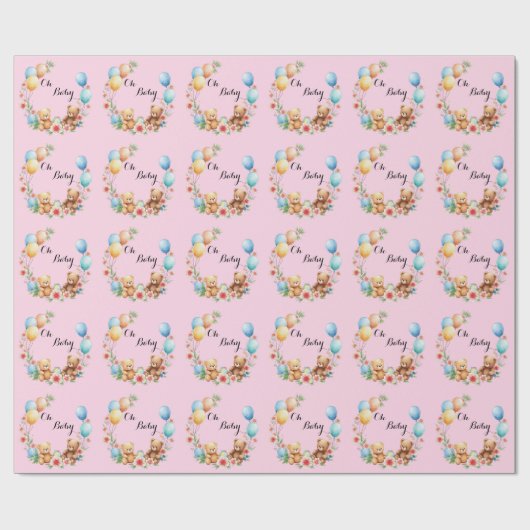 Oh Baby shower teddies & ballonnen Cadeaupapier (Vlak)