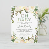 Oh Baby shower Typografie Floral Greenery White Kaart (Staand voorkant)