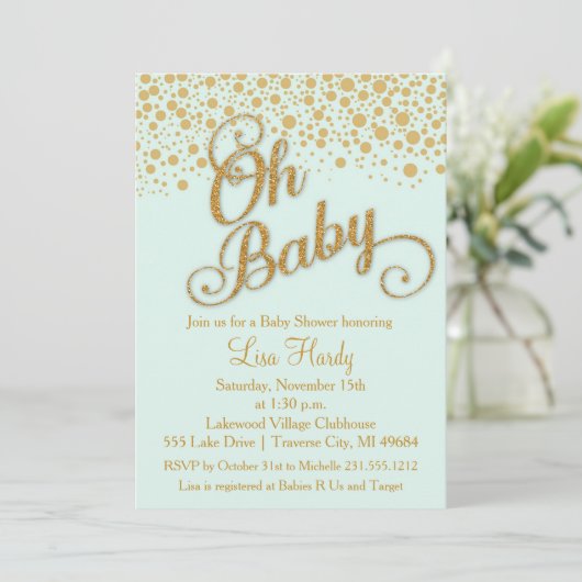 Oh Baby shower Uitnodiging | Mint en Glitter (Staand voorkant)
