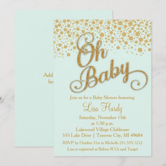 Oh Baby shower Uitnodiging | Mint en Glitter (Voorkant / Achterkant)