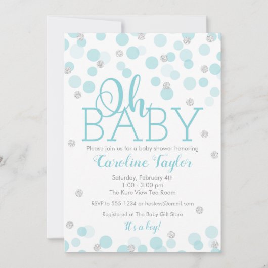 Oh Baby shower Uitnodigingjongen Blue Silver Glitt Kaart (Voorkant)