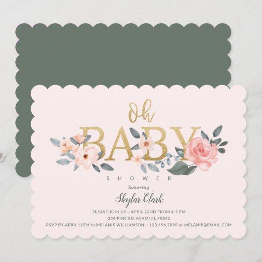 Oh Baby shower Waterverf Floral Blush Roos Garden Kaart (Voorkant / Achterkant)