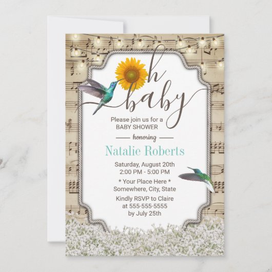 Oh Baby shower  zonnebloem Hummingbird Music Kaart (Voorkant)