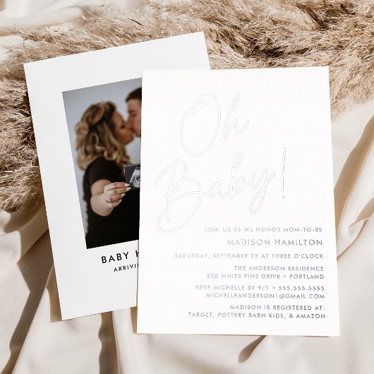 Oh Baby Silver Script Photo Baby shower Folie Uitnodiging