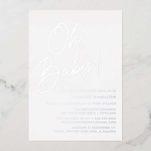 Oh Baby Silver Script Photo Baby shower Folie Uitnodiging (Voorkant)