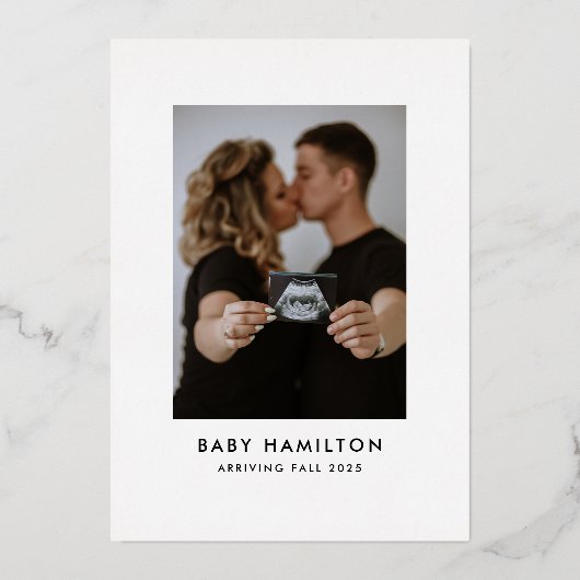 Oh Baby Silver Script Photo Baby shower Folie Uitnodiging (Achterkant)