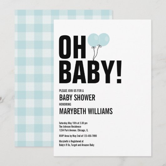 Oh Baby Simple Blue Balloon Baby shower Party Kaar Kaart (Voorkant / Achterkant)