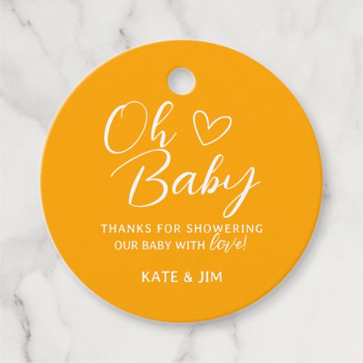 Oh Baby Sinaasappel en Wit Baby shower Dank U Bedankjes Labels (Voorkant)