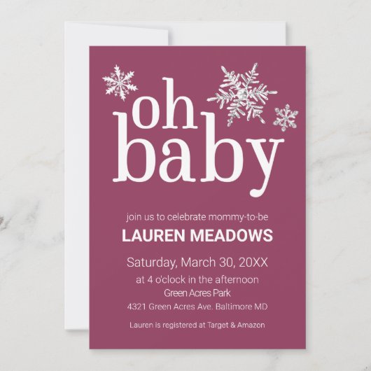 Oh Baby Snowflake Winter Baby shower Uitnodiging (Voorkant)