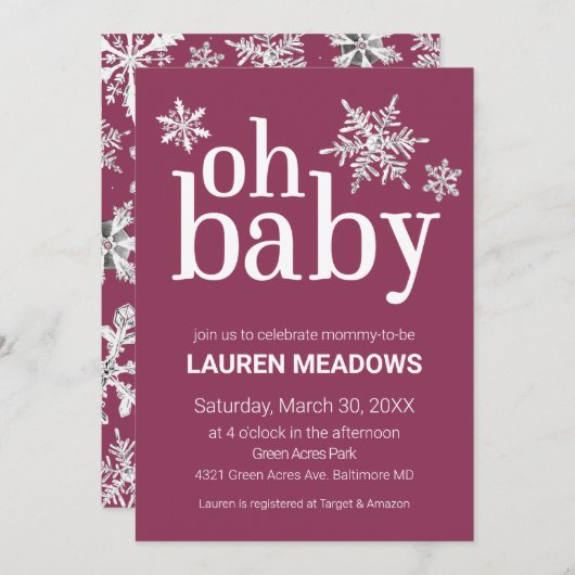 Oh Baby Snowflake Winter Baby shower Uitnodiging (Voorkant / Achterkant)