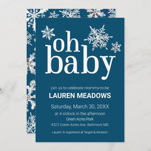 Oh Baby Snowflake Winter Baby shower Uitnodiging (Voorkant / Achterkant)