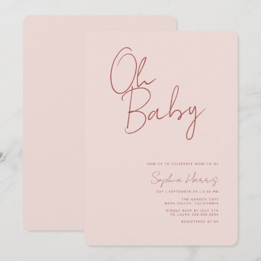 Oh Baby Soft Blush Pink Minimale uitnodiging (Voorkant / Achterkant)