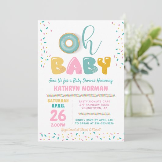 Oh Baby Sprinkle Donut Baby shower Uitnodiging (Staand voorkant)