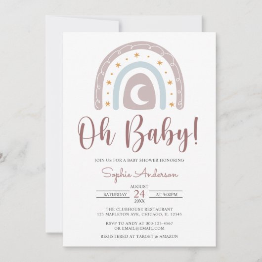 Oh baby Star en Moon Boho Rainbow Baby shower Inv Kaart (Voorkant)
