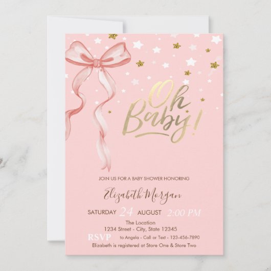 Oh Baby Stars Pink Bow-Baby shower Kaart (Voorkant)