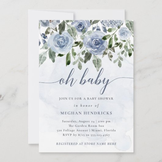 Oh Baby | Stoffige Blauwe Waterverf Bloemen Douche Kaart (Voorkant)