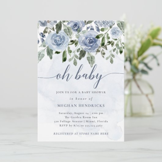 Oh Baby | Stoffige Blauwe Waterverf Bloemen Douche Kaart (Staand voorkant)