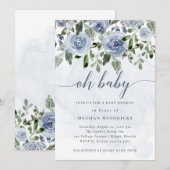 Oh Baby | Stoffige Blauwe Waterverf Bloemen Douche Kaart (Voorkant / Achterkant)