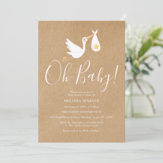 Oh Baby Stork Rustic Baby shower Kaart (Staand voorkant)