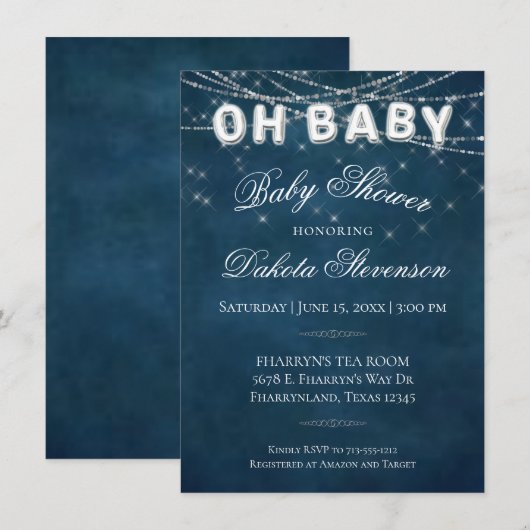 Oh Baby string licht | Donkermarineblauwe Baby-bal Kaart (Voorkant / Achterkant)
