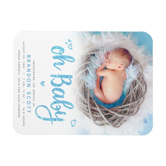 Oh Baby Sweet Bold Modern Blue Boy Geboortefoto Magneet (Horizontaal)