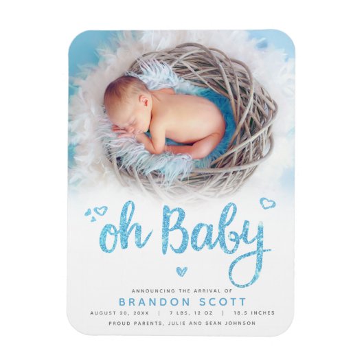 Oh Baby Sweet Bold Modern Blue Boy Geboortefoto Magneet (Verticaal)