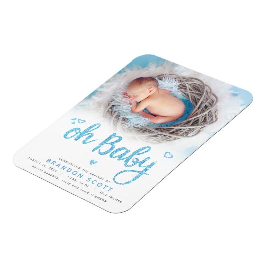 Oh Baby Sweet Bold Modern Blue Boy Geboortefoto Magneet (Linkerzijde)