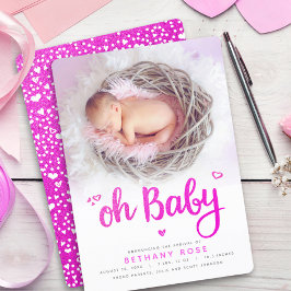 Oh Baby Sweet Girl Foto roze Hearts Script Birth Aankondiging