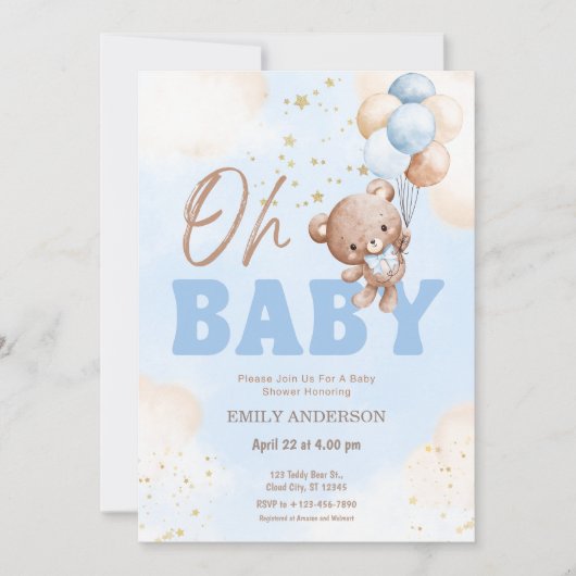 Oh Baby Teddy Bear Balloons Boy Baby Shower  Kaart (Voorkant)