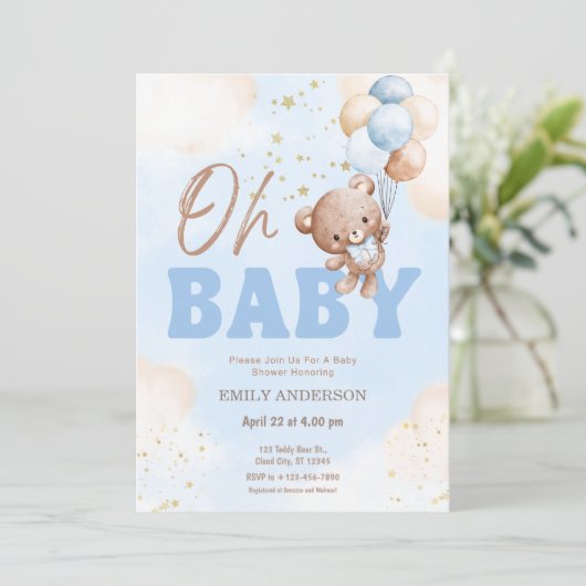 Oh Baby Teddy Bear Balloons Boy Baby Shower  Kaart (Staand voorkant)