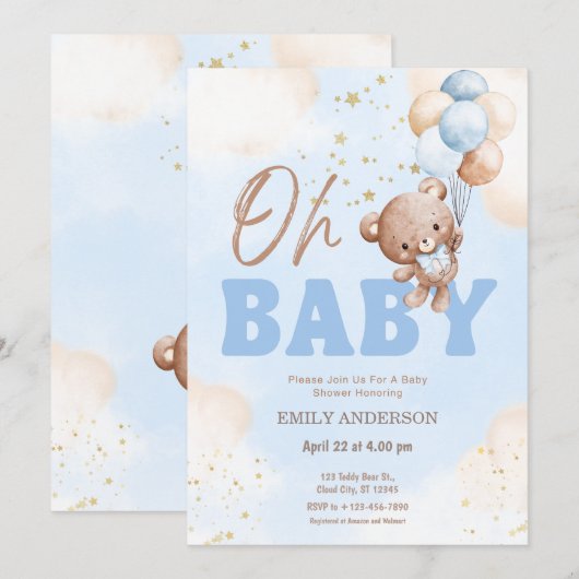 Oh Baby Teddy Bear Balloons Boy Baby Shower  Kaart (Voorkant / Achterkant)