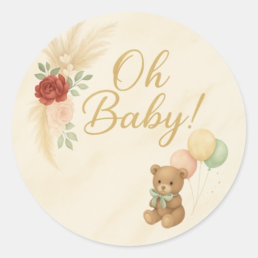 Oh Baby! Teddy Bear & Pampas Baby Shower Sticker (Voorkant)