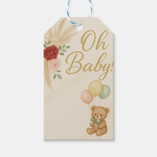 Oh Baby! Teddy Bear & Pampas Floral Baby Shower  Cadeaulabel (Voorkant)