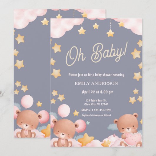 Oh Baby Teddy Bear Twinkle Little Star Baby Shower Kaart (Voorkant / Achterkant)