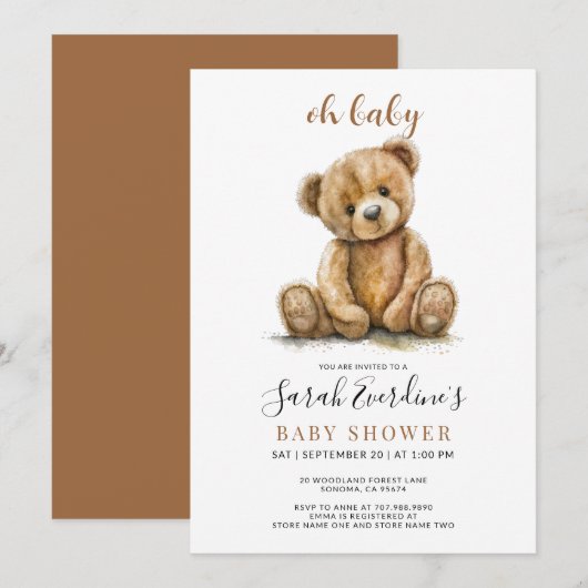 Oh Baby Teddy Bear Waterverf Baby shower Kaart (Voorkant / Achterkant)