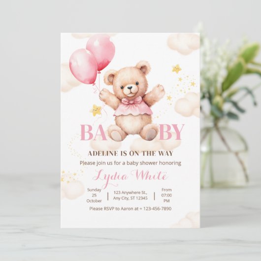 Oh Baby teddybeer met ballonmeisje Baby shower Kaart (Staand voorkant)