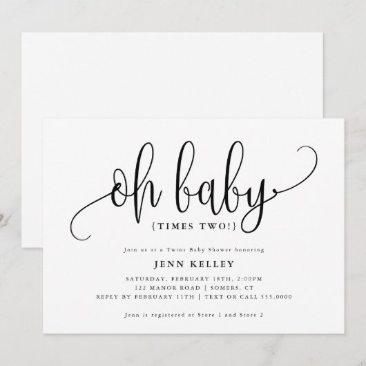 Oh Baby Times Two, Twins Calligraphy Baby shower Kaart (Voorkant / Achterkant)