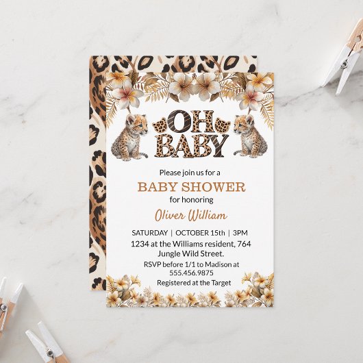 Oh baby Tropical Flowers Leopard baby shower Kaart