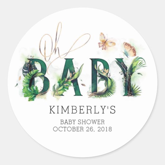 Oh Baby Tropical Greenery Beach Baby shower Ronde Sticker (Voorkant)