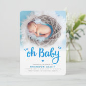 Oh Baby Turquoise Glitter Script Photo Boy Geboort Aankondiging (Staand voorkant)